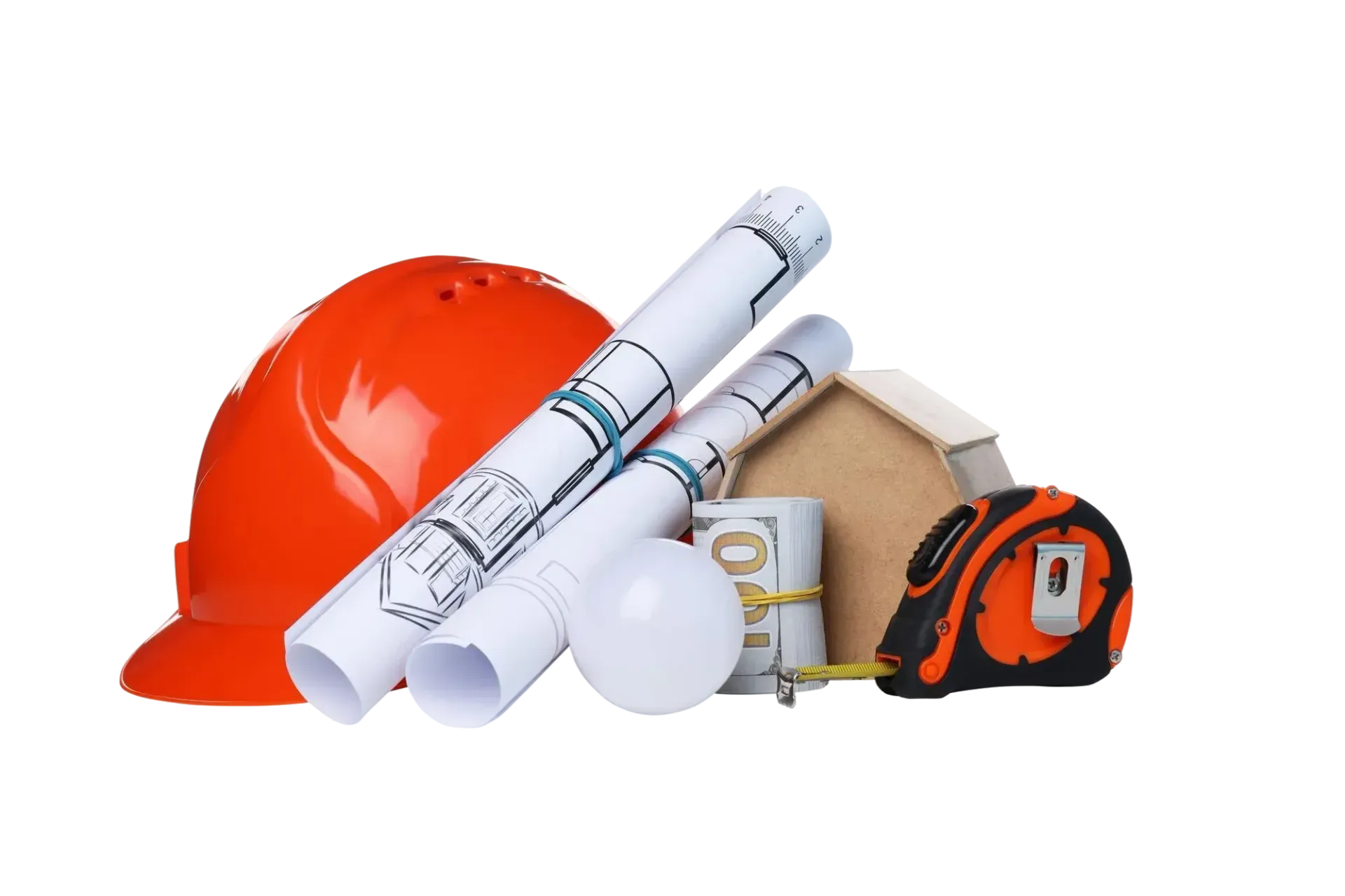 Hard hat resting on rolled architectural blueprints